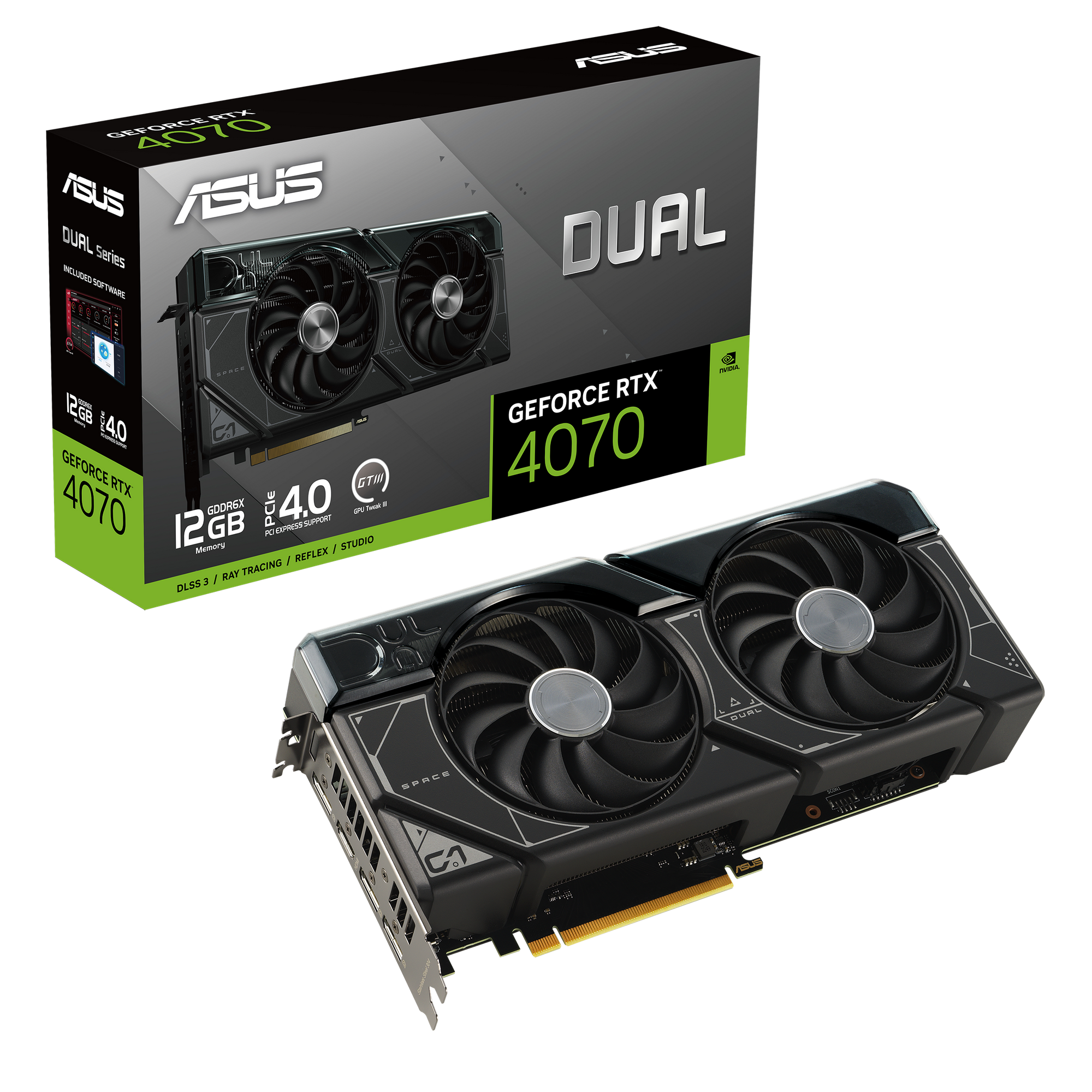 ASUS Dual GeForce RTX™ 4070 12GB GDDR6X with two powerful Axial-tech fans and a 2.56-slot design for broad compatibility 