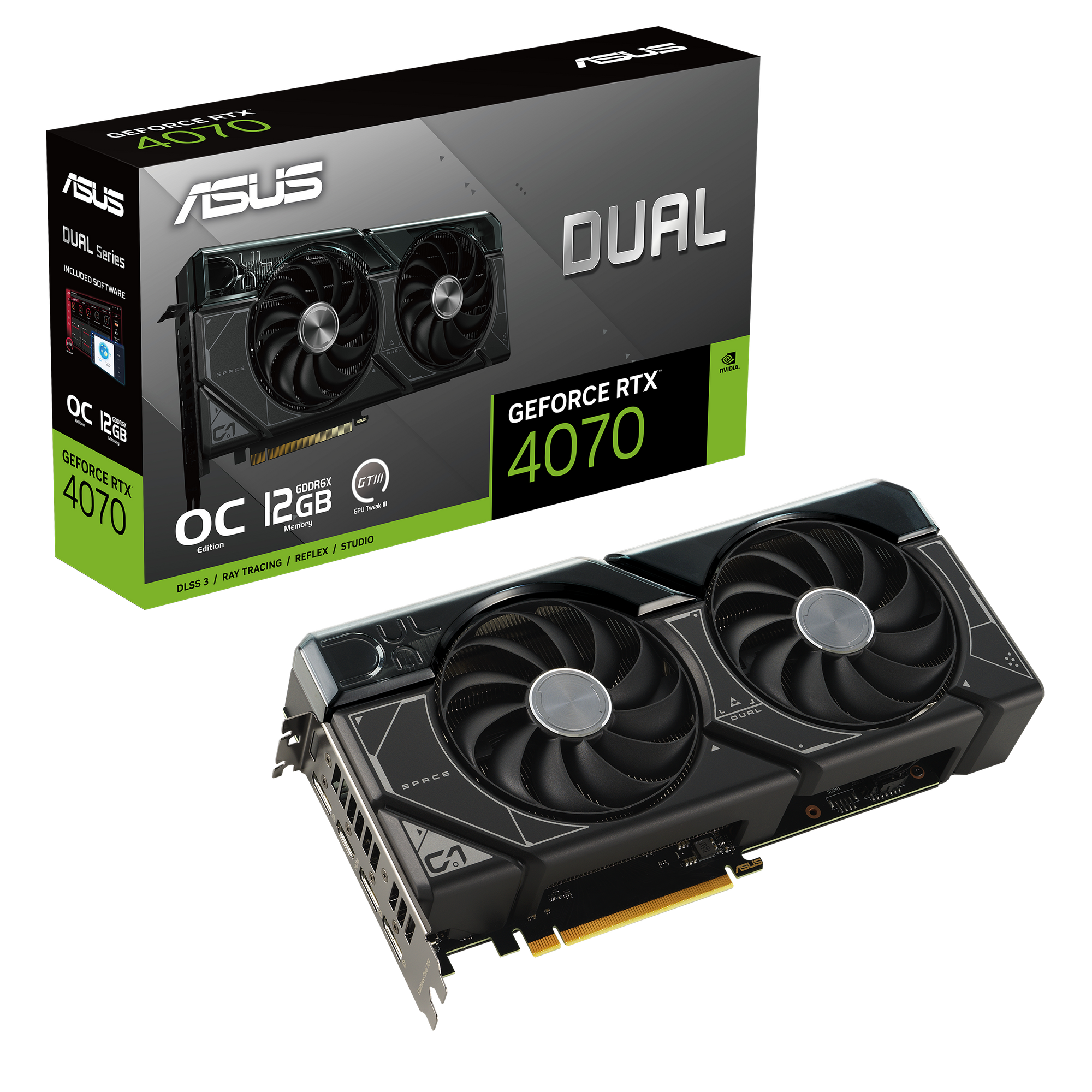 ASUS Dual GeForce RTX™ 4070 OC Edition 12GB GDDR6X with two powerful Axial-tech fans and a 2.56-slot design for broad compatibility